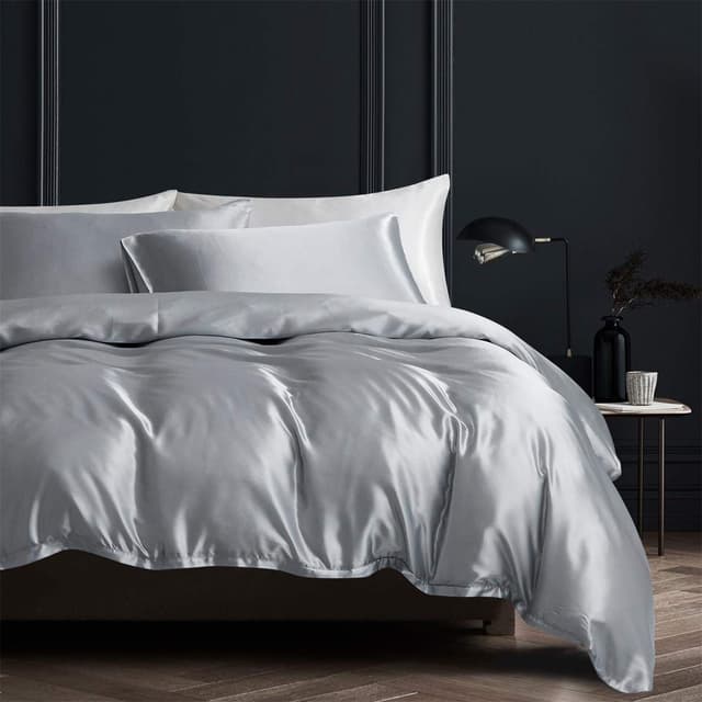 Damier Bettwäsche 200x200 Grau Satin Glatt Glänzend Bettbezug Set 3 Teilig Einfarbig Deluxe Bettwäsche mit Reißverschluss und 2 Kissenbezüge 80x80 cm Grau 200 x 200 cm