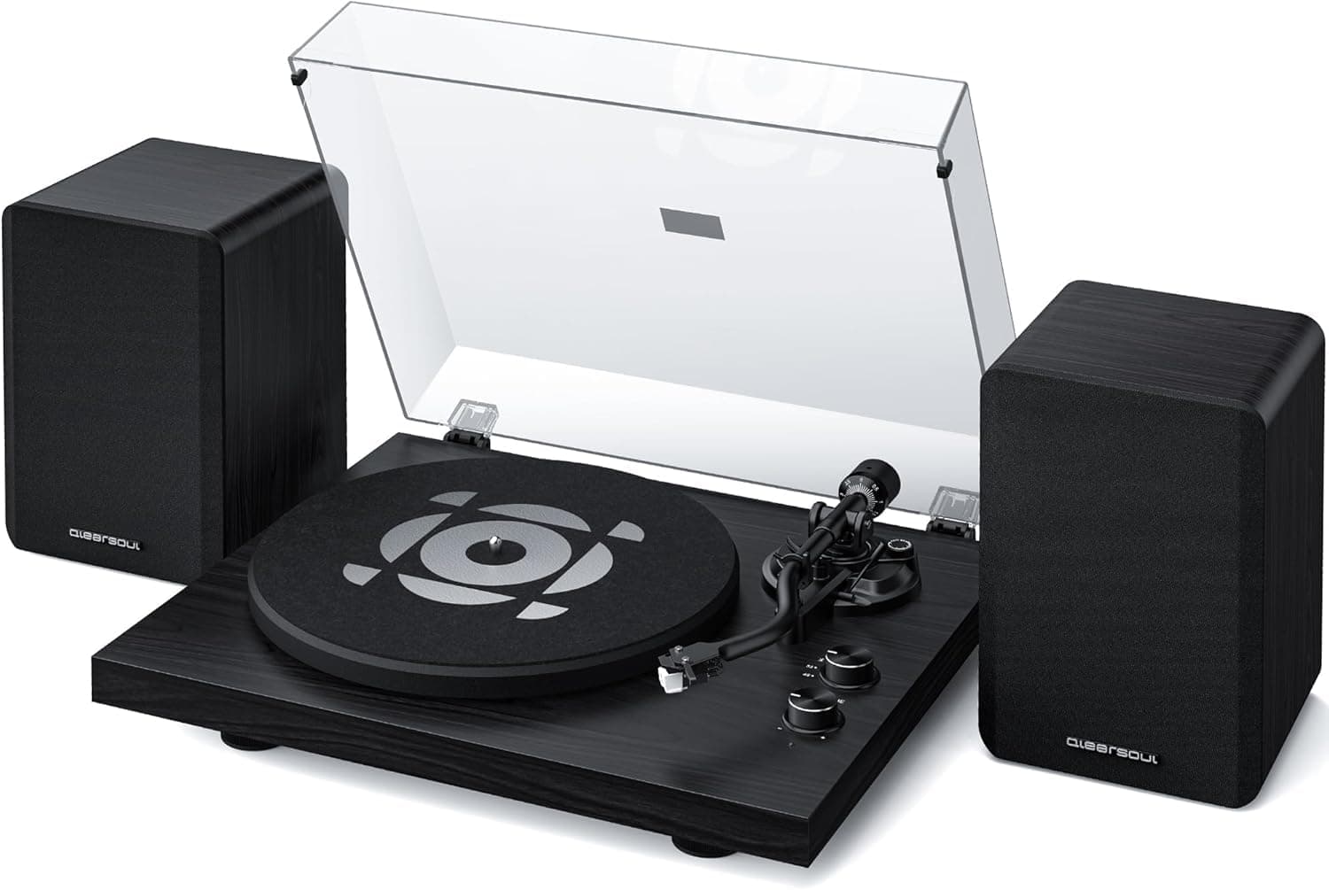 Qlearsoul SoulBox S1 Plattenspieler mit Stereo Lautsprechern, Bluetooth Plattenspieler, Vinyl Record Player mit integriertem Vorverstärker, S-förmigem Tonarm, 33/45 RPM (Schwarz)