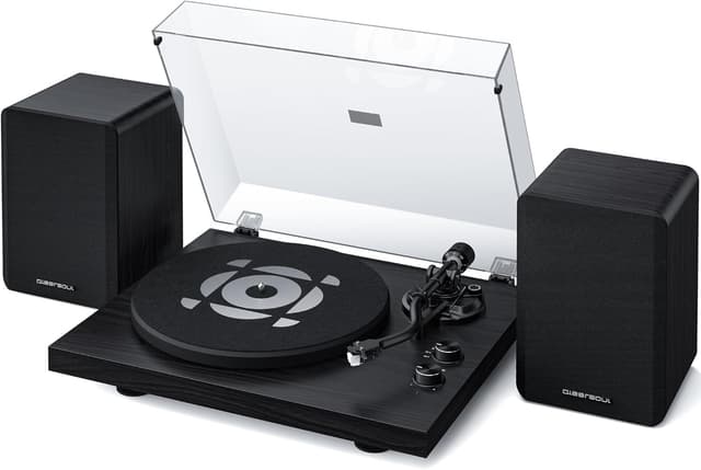 Qlearsoul SoulBox S1 Plattenspieler mit Stereo Lautsprechern, Bluetooth Plattenspieler, Vinyl Record Player mit integriertem Vorverstärker, S-förmigem Tonarm, 33/45 RPM (Schwarz)