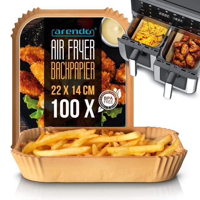 Arendo - Backpapier für Heißluftfritteuse mit Doppelkammer - 100 Stück – 22 x 14 x 4,5 cm - Antihaft Backpapier - wasser und ölbeständig – geeignet für Airfryer Backöfen Mikrowellen Dampfgarer B: Backpapier