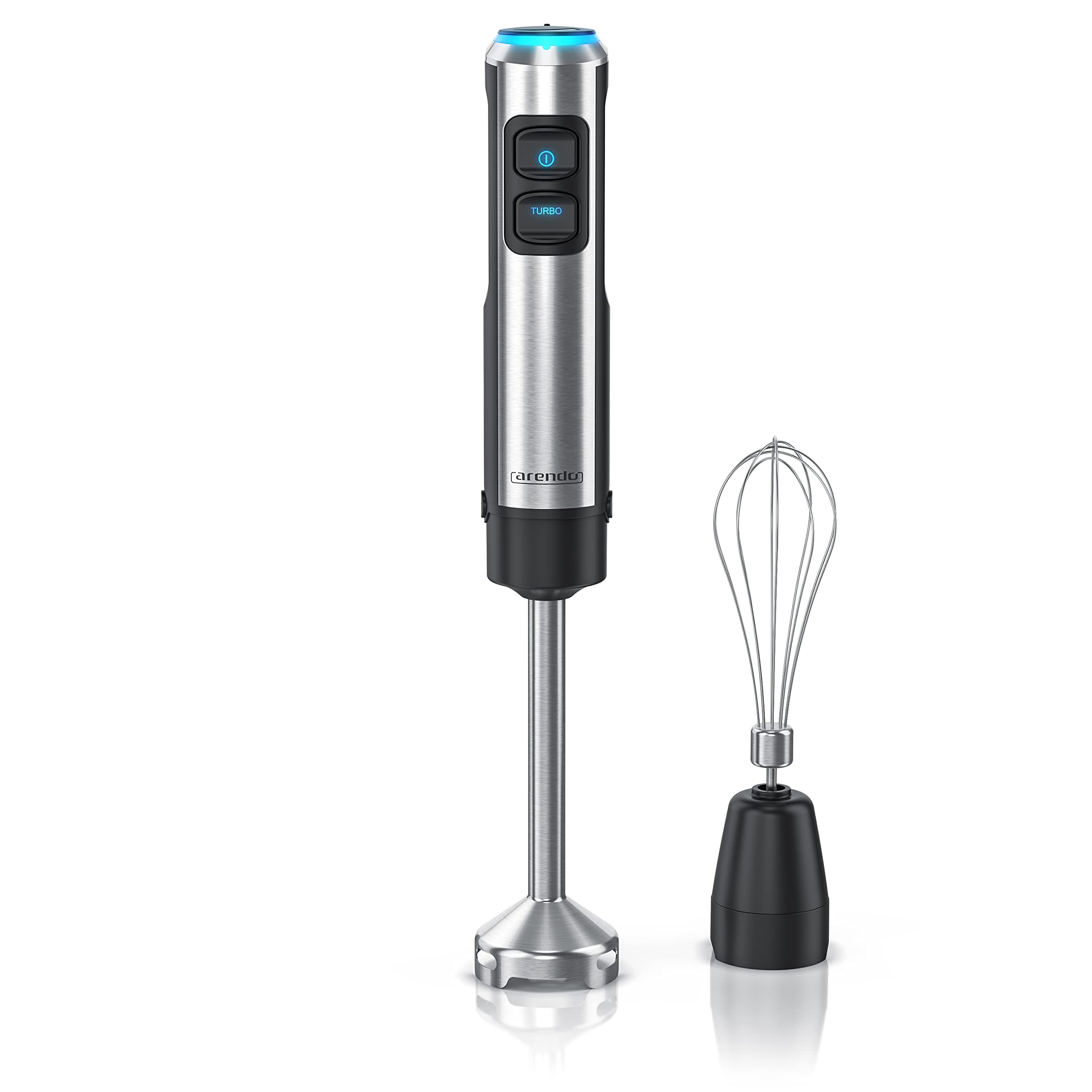 Arendo - Stabmixer 1200 Watt Edelstahl Set - inklusive Schneebesenaufsatz - vierflügeliges Messer - Pürierstab - stufenlose Geschwindigkeitsregelung - Turbotaste - Abnehmbarer Mixfuß - GS-Zertifiziert A: 1200 Watt