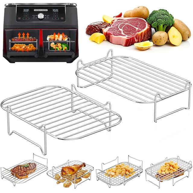 Heißluftfritteuse Zubehör Stapelbar, Grillrost #304 Edelstahl, Airfryer Zubehör für Dual Zone 7,6L–10,4L, Kompatibel mit Ninja, Cosori, Russell Hobbs, andere Doppelkammer Airfryer (2er-set) 2 Stück Airfryer Zubehör