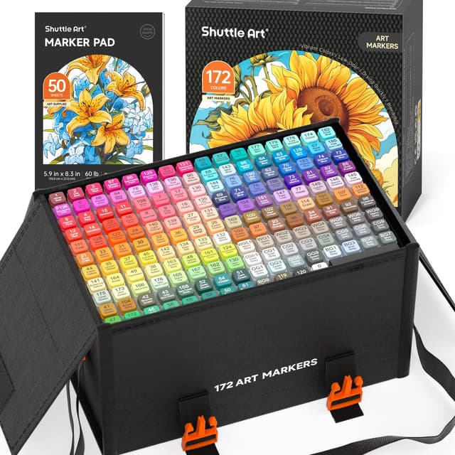 Shuttle Art Alkohol Marker Set, 171 bunte doppelseitige Alcohol Marker Stifte Set mit 1 Blender, Markerblock, Etui, Twinmarker Stifte für Kinder, Erwachsene, Alkohol Stifte, Marker zum Malen 172
