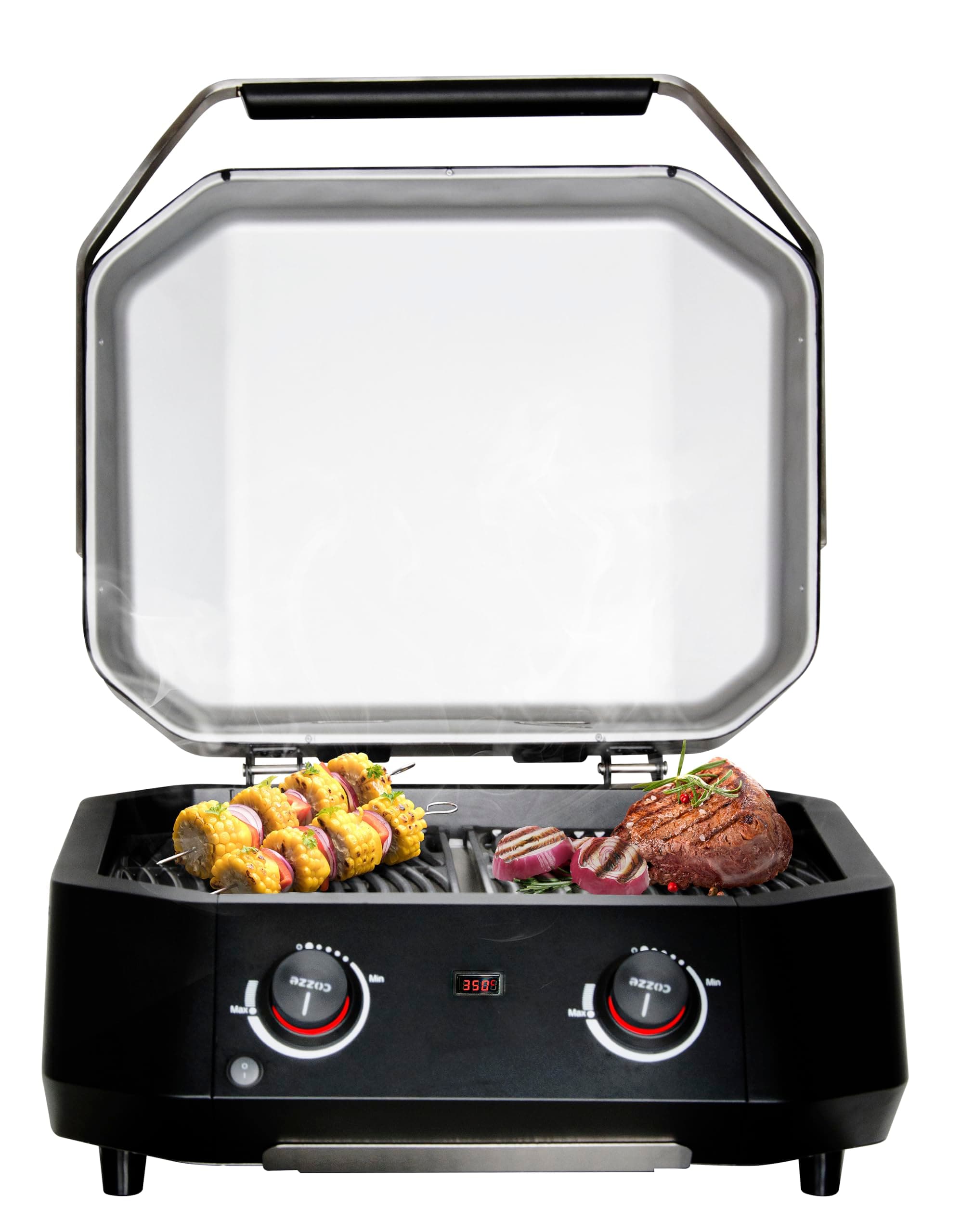 cozze - Fortschrittlicher Elektrogrill mit zwei Zonen – 2100 W, Indirektes Kochen, Digitales Thermometer, Edelstahl, Schwarz E-500
