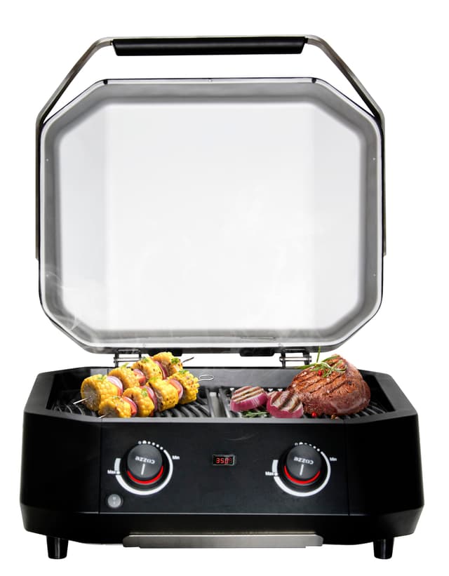 cozze - Fortschrittlicher Elektrogrill mit zwei Zonen – 2100 W, Indirektes Kochen, Digitales Thermometer, Edelstahl, Schwarz E-500