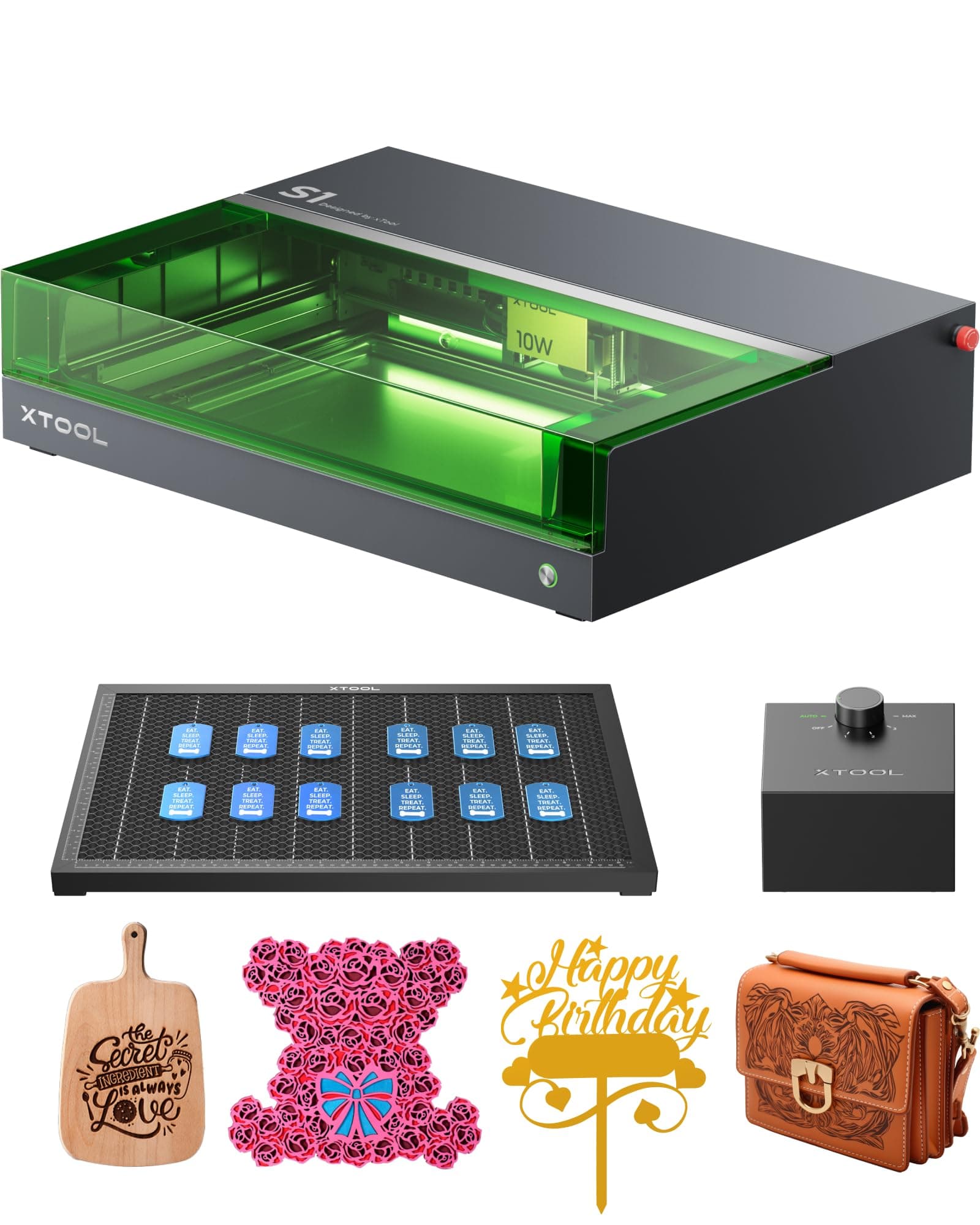 xTool S1 Laser Graviermaschine und Laser Cutter mit air assist und Wabe, 10W DIY Lasermaschine, 0.04 * 0.06mm komprimierter Punkt, Autofokus, Gravur auf Holz, Metall, Acryl, Leder S1 10W Basic Schwarz