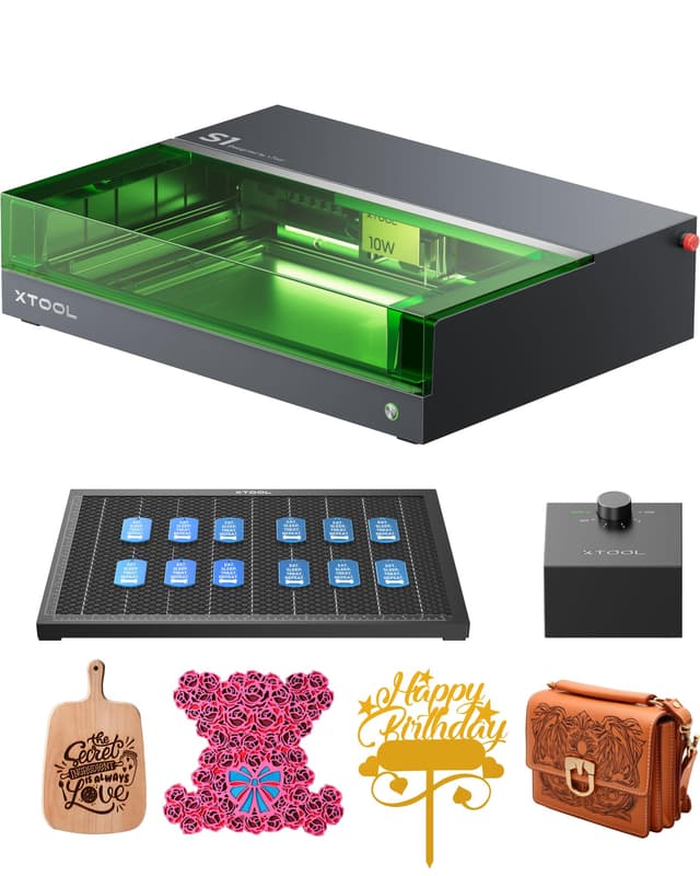 xTool S1 Laser Graviermaschine und Laser Cutter mit air assist und Wabe, 10W DIY Lasermaschine, 0.04 * 0.06mm komprimierter Punkt, Autofokus, Gravur auf Holz, Metall, Acryl, Leder S1 10W Basic Schwarz