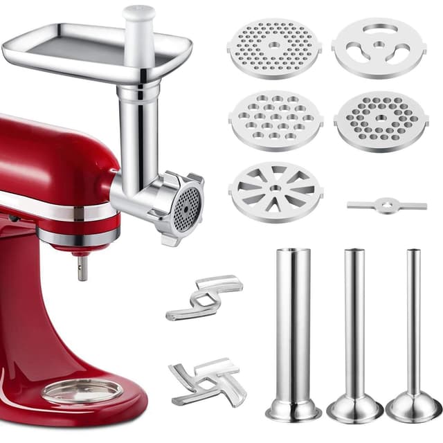 Gdrtwwh Fleischwolf Aufsatz kompatibel mit allen KitchenAid Küchenmaschine-mit 3 Wurstfüllhörner 2 Schleifklingen 5 Mahlscheibe Aluminium + Edelstahl