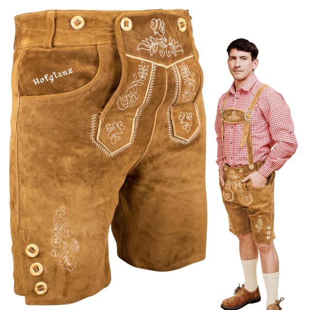 HOFGLANZ® Trachten Lederhose Herren Kurz - Hochwertige Trachtenhose für Herren mit Hosenträgern - Traditionelle Echtlederhose für Oktoberfest Bequem & Robust (Größen 46-58) 58 Hellbraun