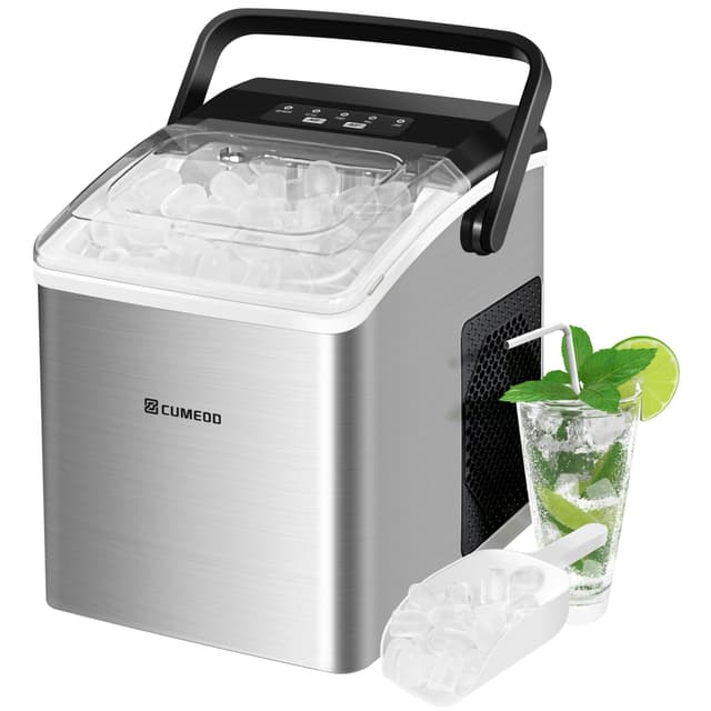 CUMEOD Eiswürfelmaschine, 9 Würfel in 6 Minuten, 12KG/24h, 125W Eiswürfelmaschine Edelstahl mit Tragbarem Griff, Selbstreinigender, 2 Eiswürfel Größen Ice Maker für Küche, Büro, Bar und Party