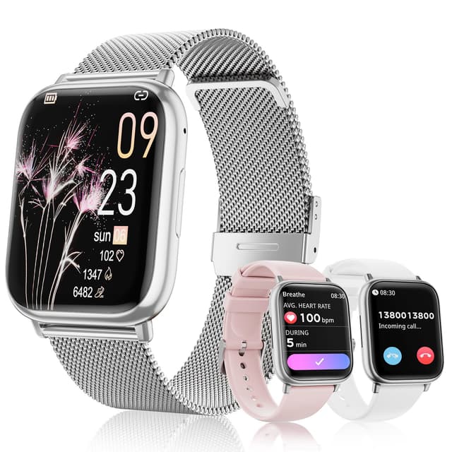 Loekneue New Smartwatch Damen mit Telefonfunktion Bluetooth 1.83" Tocuh Uhr mit Menstruationszyklus Schlafüberwachung SpO2 Pulsuhr IP68 Fitness-Überwachung Schrittzähler Android IOS (Silber)
