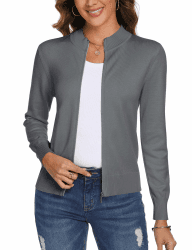Aottori Strickjacke Damen Kurz mit Reißverschluss Strickjacken Cardigan Langarm Stehkragen Elegant Trachtenjacke Pullover Einfarbig Strickmantel Jacke Outerwear S Grau