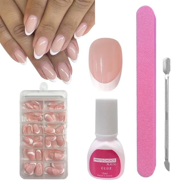 ZAHRIVA French Press On Nails Short Almond, Full Cover Nageltips Kurz für Gelnägel, Fingernägel Fake Nails mit Kleber Acryl Nagel Tips Nägel Zum Aufkleben (White Short French, 120pc) Kit French-Short Ellipses