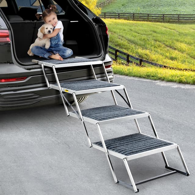 Hundetreppe Auto mit Teppich, Extra Breit 4 Stufen Hunderampe Auto Klappbar,Leichte Hunderampe Auto Klappbar, rutschfeste Hundetreppe für Lastwagen und SUV, Unterstützung bis 100 KG Extra breiter Teppich 4 Stufen mit Eisenstäben