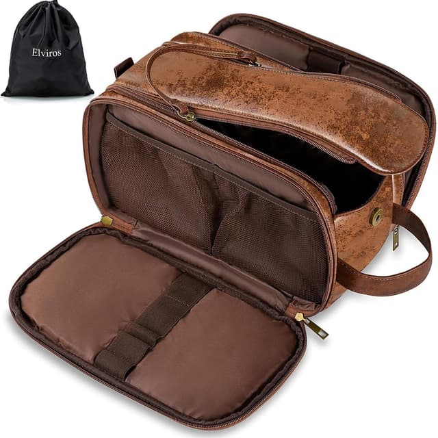 Elviros Kulturbeutel Herren, PU-Leder Wasserdicht Reise Große Öffnung Kulturbeutel, Geeignet für Reisen, Geschäftsreise, Fitness, Badezimmer, Dunkelbraun, Größe: S Dunkelbraun 24x14x14cm