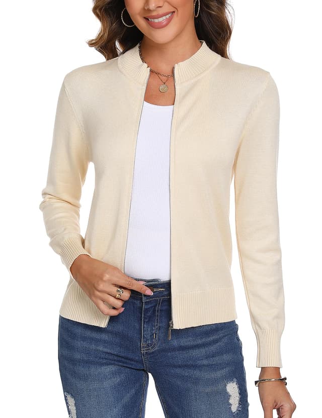Aottori Strickjacke Damen Kurz mit Reißverschluss Strickjacken Cardigan Langarm Stehkragen Elegant Trachtenjacke Pullover Einfarbig Strickmantel Jacke Outerwear S Aprikose