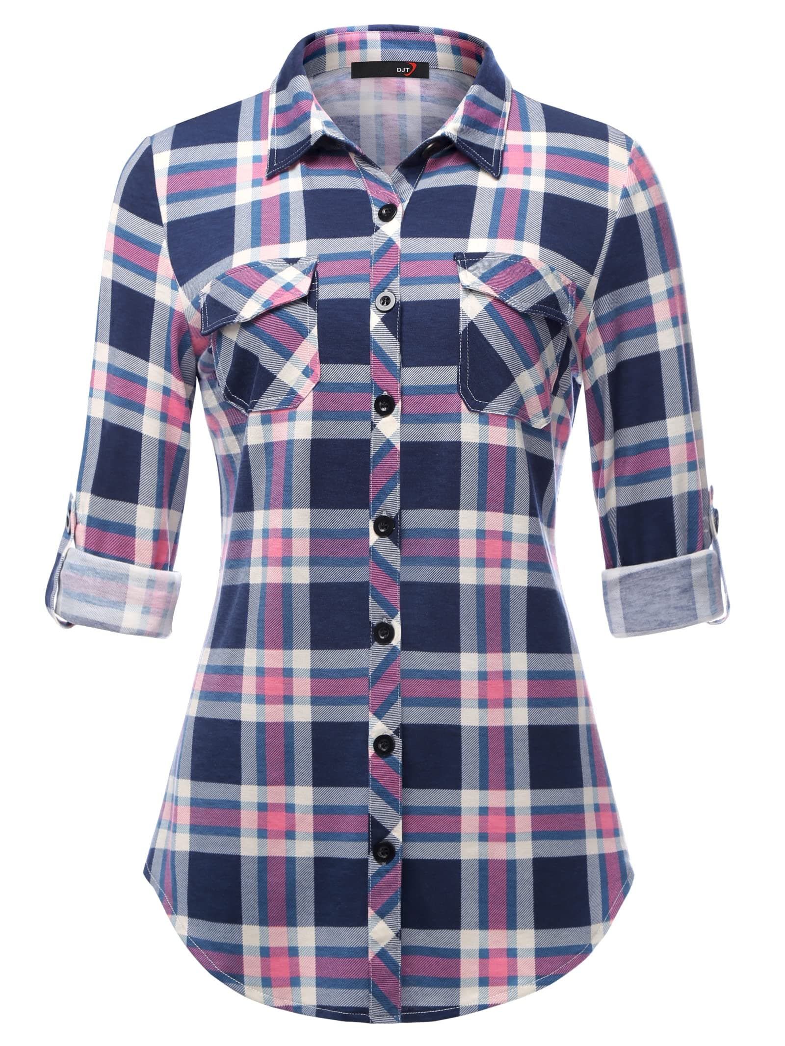 DJT Damen Weiches Gestrick Karierte Bluse Langarm 3/4 Roll Up Ärmel Hemdbluse Button-down Blusen Top XL Blau Rosa-kariertes