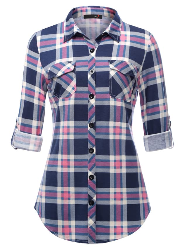 DJT Damen Weiches Gestrick Karierte Bluse Langarm 3/4 Roll Up Ärmel Hemdbluse Button-down Blusen Top XL Blau Rosa-kariertes