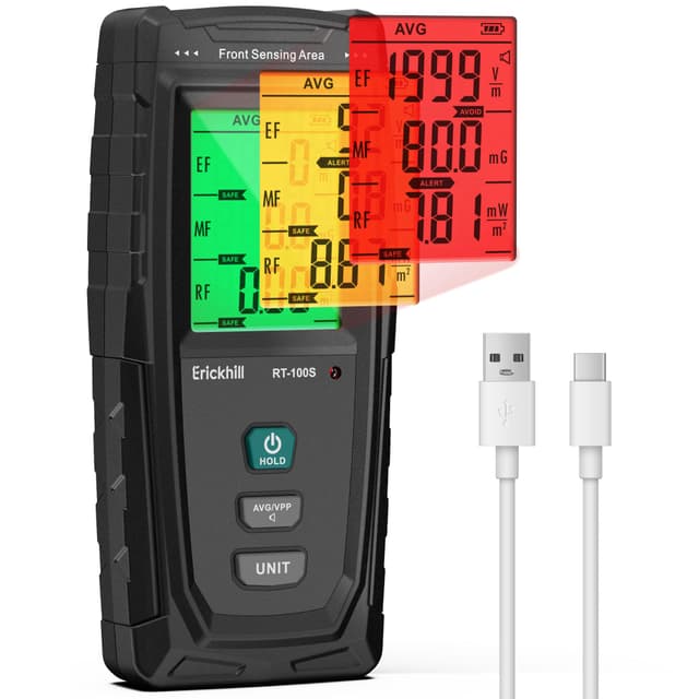 ERICKHILL EMF Messgerät RT-100S, EF/MF/RF-Prüfung, wiederaufladbarer magnetfeld, digitaler/Grafik-Dual-Interface-Strahlungsdetektor, digitaler LCD-Bildschirm, für Zuhause, Büro, Outdoor RF/MF/EF Messgerät Basisversion