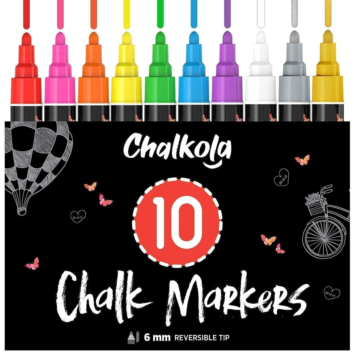Chalkola 10 Kreidestifte für Tafel Abwaschbar - (10 Stifte, 6mm Kreidestift) Kreidestifte für Fenster, Tafelkreide & Glasstifte, Chalk Marker, Kreidemarker Abwischbar, Fensterfarben Kinder Bold Tip - 6mm