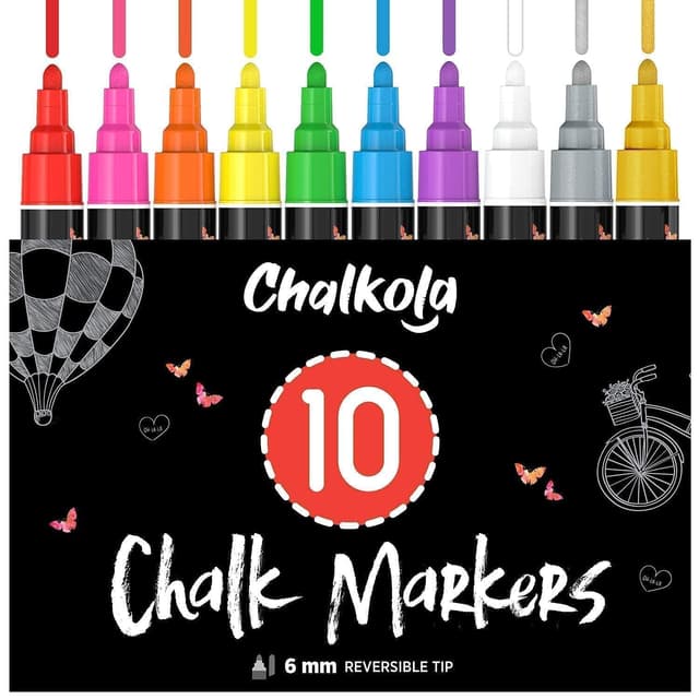 Chalkola 10 Kreidestifte für Tafel Abwaschbar - (10 Stifte, 6mm Kreidestift) Kreidestifte für Fenster, Tafelkreide & Glasstifte, Chalk Marker, Kreidemarker Abwischbar, Fensterfarben Kinder Bold Tip - 6mm