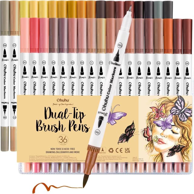 Ohuhu Filzstifte Hauttöne, 36 Filzstifte Doppelseitig Pinselstifte Marker mit Fineliner, Hautton Wasserbasis Marker für Kalligraphie Zeichnung, Mittelton-Hautton- und Haarschattierungs-Marker Set