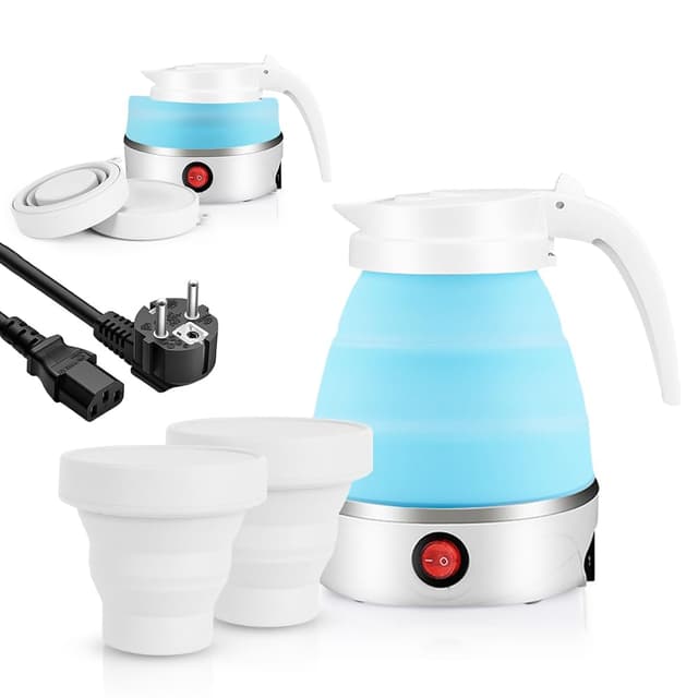 Wasserkocher Faltbar, 600ml Camping Wasserkocher Mini Reisewasserkocher Klein Silikon Faltbarer Wasserkessel mit 2 Faltbecher, Tragbarer Elektrischer Wasserkocher für Camping (Blau)