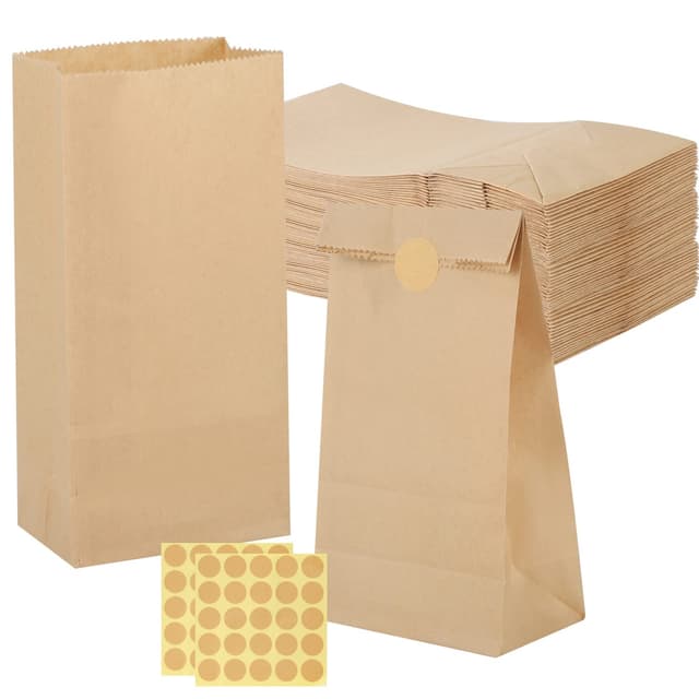 50 Stück Papiertüten Klein mit Aufkleber, 9x18x5.5cm Geschenktüten Braun Kraftpapiertüten DIY Süßigkeiten Beutel Mitgebsel Tüten für Hochzeit Candy bar Geburtstag Tüten zum Befüllen 50 Braun