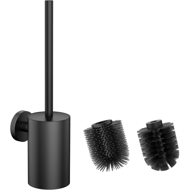 WAVEWO Klobürste mit Wandmontage ， Silikon WC-Bürste und Halter， Quadratische WC-Bürste aus 304-Edelstahl Inklusive 2 Bürstenköpfe (Rund Schwarz) Kreisförmig Schwarz