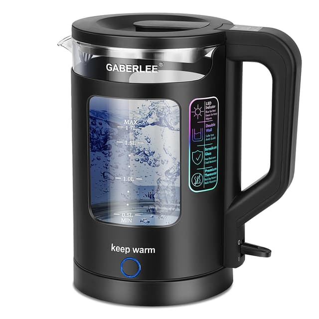 Glas Wasserkocher mit 1,7 Liter, 3000W Elektrischer Wasserkocher mit Warmhaltefunktion, LED-Beleuchtung, Abschaltung und Trockengehschutz, Netzfilter, 100% BPA Frei, Schwarz
