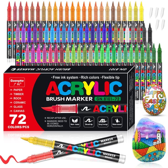 Vakki 72 Acrylstifte für steine wasserfest, Pinselspitze Acrylmarker, Acrylic marker Acrylmarker Set Perfekt für Steine Bemalen, Glas, Holz, Keramik, Metall & Leinwand 1 stück (72er Pack)