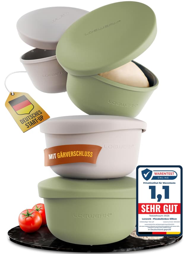 LOEWERK Pizzaballenbox mit Deckel – 4er Set – atmungsaktive Teigbox für perfekten Pizzateig - platzsparende Silikon Pizzateig Box mit Deckel, Pizza Box, Pizza Ballenbox, Gärbox – Olive/Grau 4 Stück olive+grau
