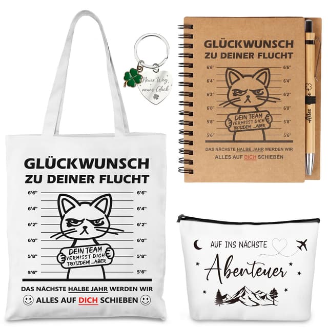 Anruzon Abschiedsgeschenk Kollegen, 5 Stück Abschied Geschenk, Baumwolltasche, Kosmetiktasche, Notizbuch, Kugelschreiber, Schlüsselanhänger, Witzige Dankeschön Geschenke Ruhestand Geschenk