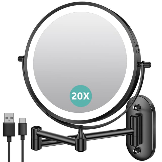 Auxmir Kosmetikspiegel mit Beleuchtung, 1X/30X Wiederaufladbar Schminkspiegel, 3200mAh Rasierspiegel Wandmontage, Dimmbar Vergrößerungsspiegel mit 3 Lichtfarben, 360° Drehbar für Badezimmer Schwarz 20X(3200mAh)