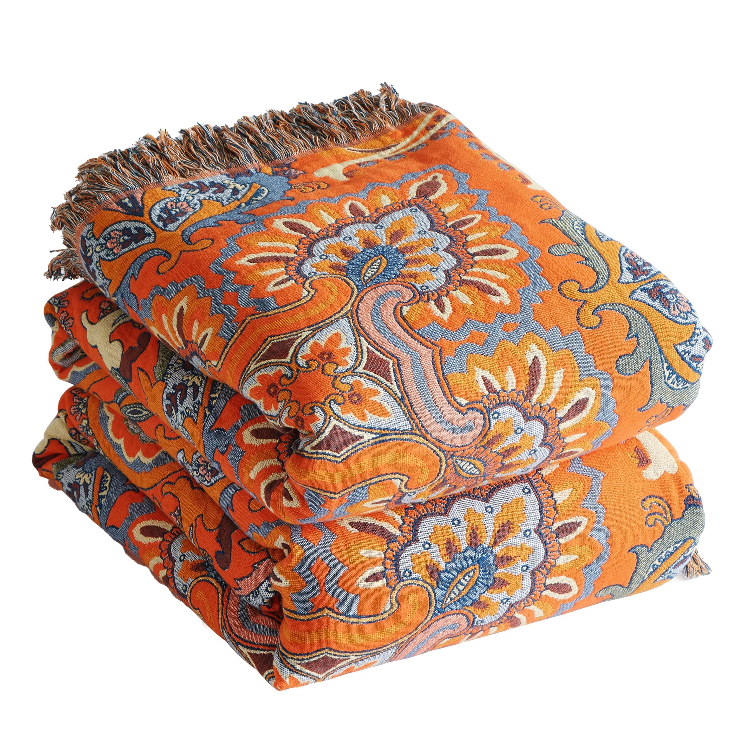 SE SOFTEXLY Boho Decke 100% Baumwolle – Doppelseitige Musselin Tagesdecke 150x200cm, Kuschelige Sofadecke & Bettüberwurf, Aesthetic Design, Ideal für Wohnzimmer & Schlafzimmer, Orange/Blau 150 x 200 cm Sternentraum