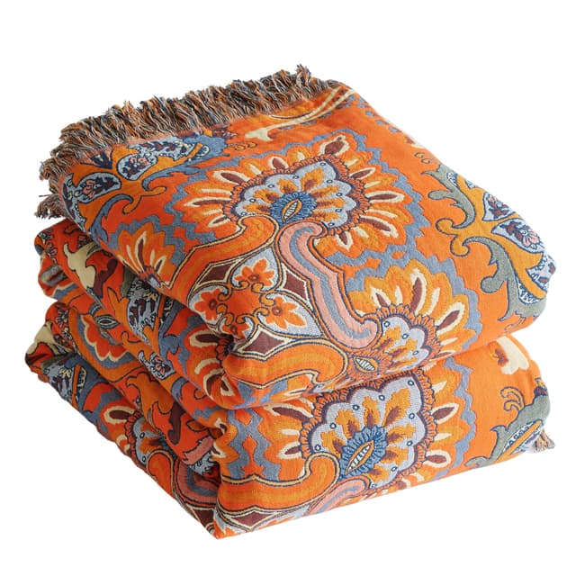 SE SOFTEXLY Boho Decke 100% Baumwolle – Doppelseitige Musselin Tagesdecke 150x200cm, Kuschelige Sofadecke & Bettüberwurf, Aesthetic Design, Ideal für Wohnzimmer & Schlafzimmer, Orange/Blau 150 x 200 cm Sternentraum