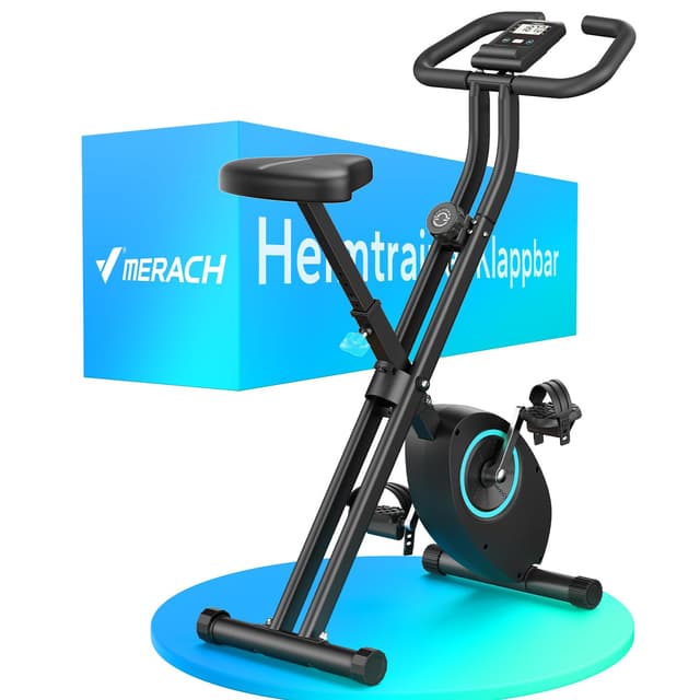 MERACH Heimtrainer Fahrrad Klappbar, Hometrainer Fahrrad mit LCD Monitor, Magnetisches Ergometer Heimtrainer mit Bequemem Sitzkissen, Fitnessbikes für Zuhause, Platzsparend, 136KG Blau