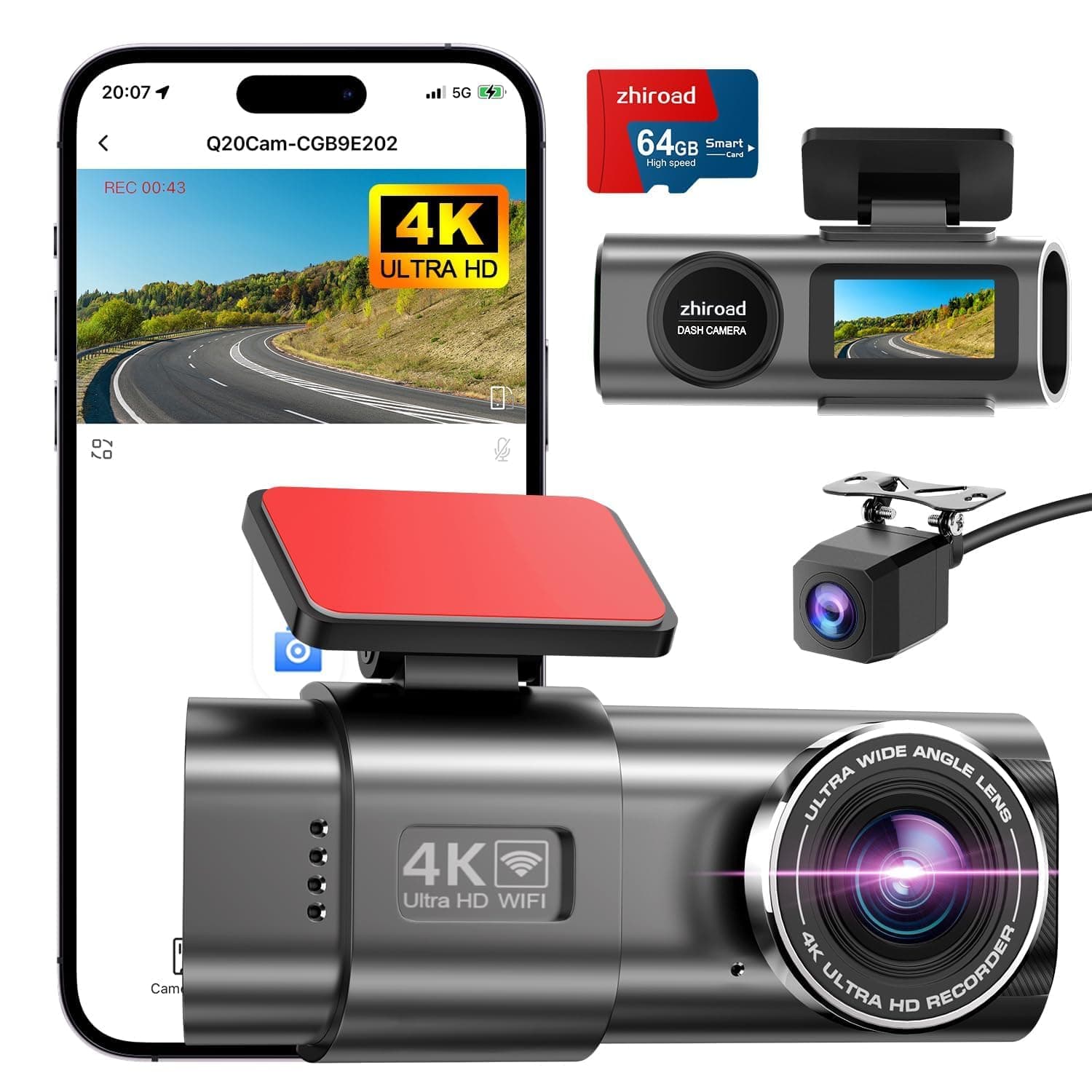Dashcam Auto Vorne Hinten 4K+1080P,WiFi Dashcam mit Parküberwachung,64G SD Karte,Super Nachtsicht, WDR, 170°+140° Weitwinkel, 1.47“ IPS-Bildschirm,G-Sensor, Loop-Aufnahme, APP Steuerung 4K Vorne and Rückseite