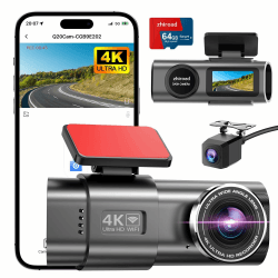 Dashcam Auto Vorne Hinten 4K+1080P,WiFi Dashcam mit Parküberwachung,64G SD Karte,Super Nachtsicht, WDR, 170°+140° Weitwinkel, 1.47“ IPS-Bildschirm,G-Sensor, Loop-Aufnahme, APP Steuerung 4K Vorne and Rückseite