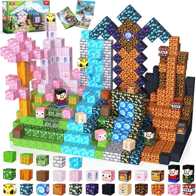 GraceDuck Magnetische Bausteine, 200 Teile Magnetbausteine Bauen Dark Forest & Pink Castle, Magnetic Blocks Bauwelt Spielzeug für Jungen und Mädchen, Magnetblöcke Geschenke für Kinder ab 3-9 Jahren
