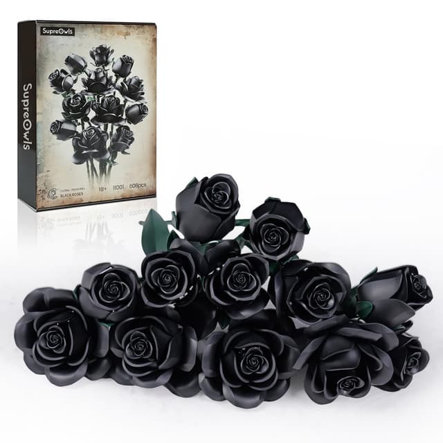 Millionspring Schwarzer Rosenstrauß-Bausatz mit 12 schwarzen künstlichen Rosen, Geschenke für sie zum Geburtstag, Halloween, Jahrestag, Valentinstag, Muttertag, Weihnachten