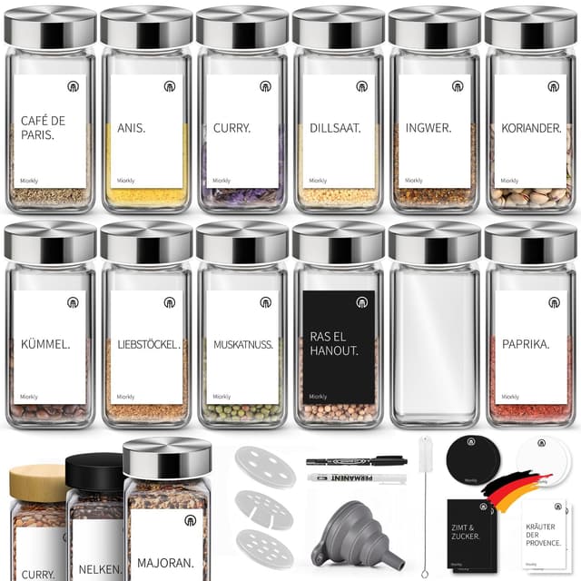 Miorkly Gewürzgläser Eckig Mit Streueinsatz - 12 Stück 120ml Gewürzdosen Mit Edelstahl Deckel, Streuer-Aufsätze, Trichter, Etiketten & Kreidestift E.12