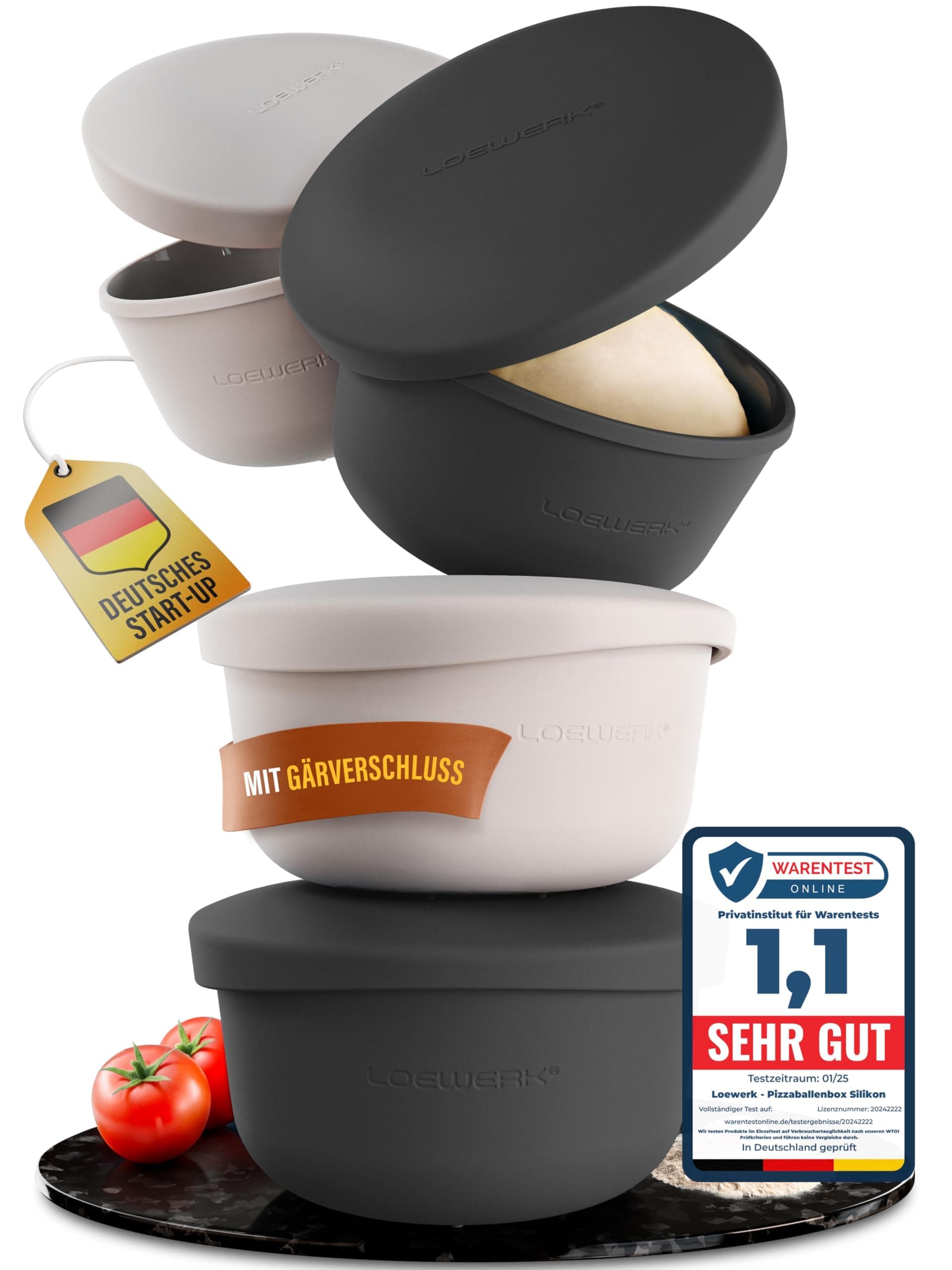 LOEWERK Pizzaballenbox mit Deckel – 4er Set – atmungsaktive Teigbox für perfekten Pizzateig - platzsparende Silikon Pizzateig Box mit Deckel, Pizza Box, Pizza Ballenbox, Gärbox - Schwarz/Grau 4 Stück schwarz+grau