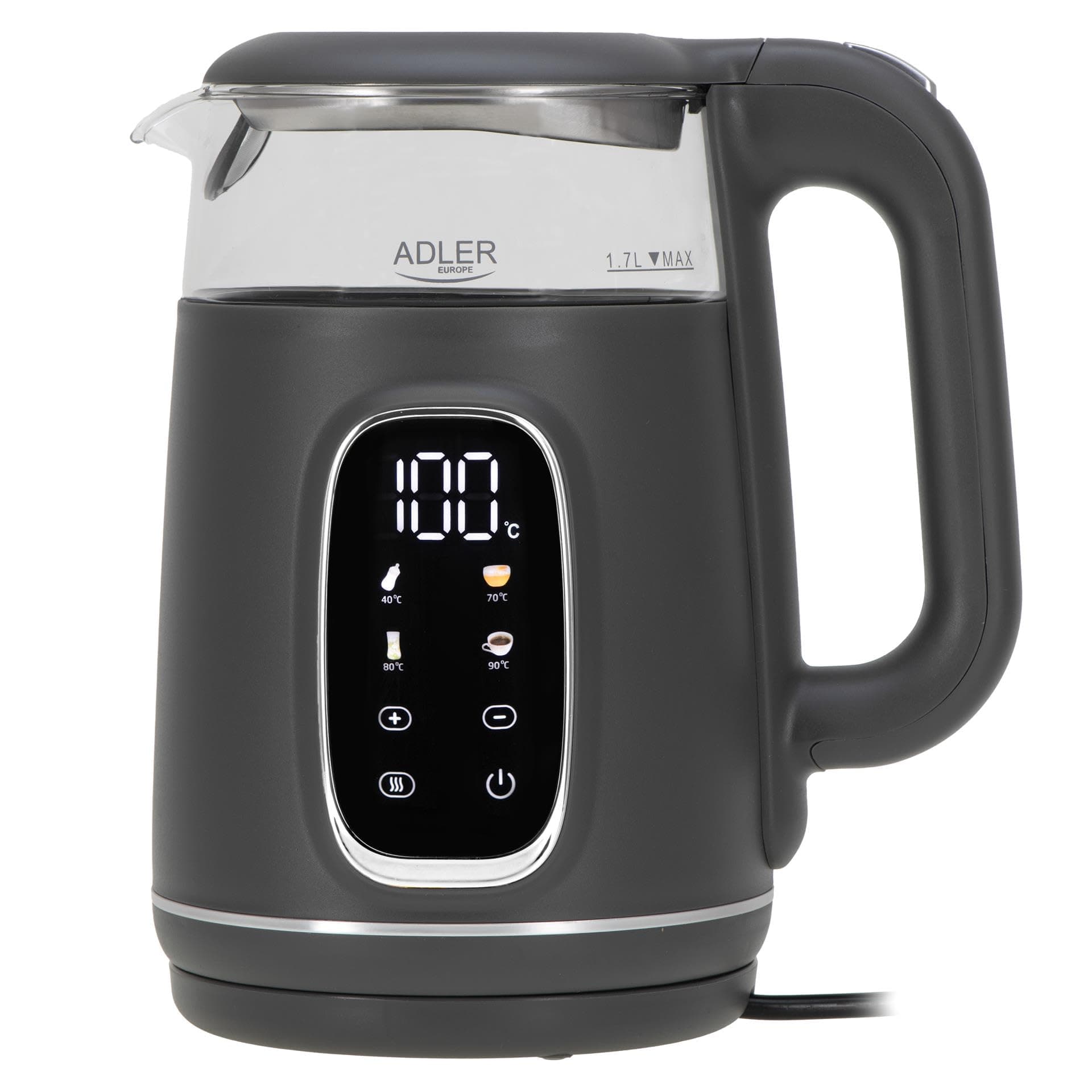 Adler Wasserkocher mit Temperatureinstellung 2200W – Wasser Kocher 1,7L mit LED-Display und Touchpanel – 5 Temperaturprogramme – mit Warmhaltefunktion - Wasserkocher mit Filter 1.7 Liter Dunkelgrau Silber