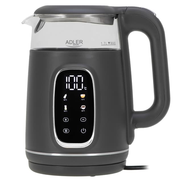 Adler Wasserkocher mit Temperatureinstellung 2200W – Wasser Kocher 1,7L mit LED-Display und Touchpanel – 5 Temperaturprogramme – mit Warmhaltefunktion - Wasserkocher mit Filter 1.7 Liter Dunkelgrau Silber