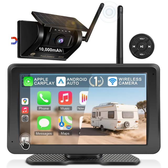 URVOLAX [BRANCHENNEU] Rückfahrkamera Kabellos Funk & Tragbares 7 Zoll Apple Carplay Display/Android Auto, 10.000mAh Akku Batterie mit Solar Nachtsicht Wasserdicht für Wohnmobil,Wohnwagen,Anhänger,LKW