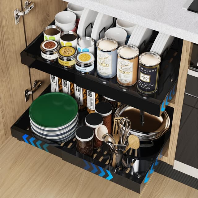 iHomara 2 Pack erweiterbarer ausziehbarer Schrankorganisator mit Klebefläche, 53 cm tiefe Schubladen für Küchenunterschränke, 8 Geschirrhalter, verstellbare Breite 32 cm-53 cm 2 pcs 53cm Tiefe mit 8 Geschirrhalter Dunkel