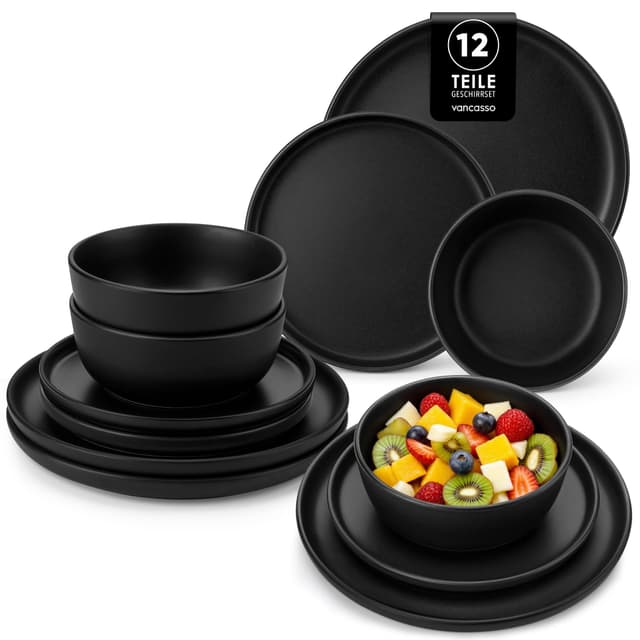 Geschirrset 4 Personen, vancasso PLAYA Steingut Geschirr set 12tlg für 4 Personen, Schwarz Tafelservice mit Teller set, Schalen & Salattellern, Spülmaschinenfest, Mikrowellengeeignet 12 Teile Set Schwarz