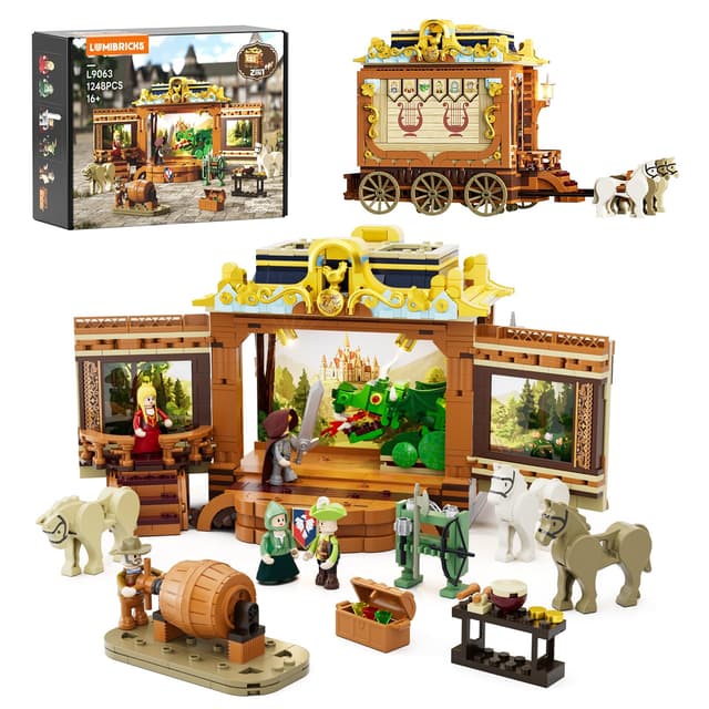Lumibricks Mittelalter Troupe Carriage mit LED-Beleuchtung – 1248 Teile Bühne & Kutsche in 2 Formen, Ritter- & Legenden-Spielset für Rollenspiele, Familienzeit & Themenpartys