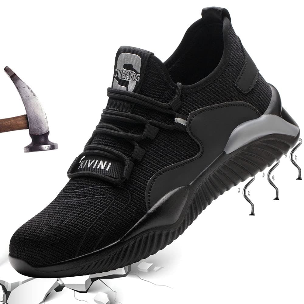 Mitudidi Sicherheitsschuhe Arbeitsschuhe Herren Damen Leicht Stahlkappenschuhe Atmungsaktiv rutschfest Sportlich Schutzschuhe 36-46 EU 42 EU Schwarz Grau